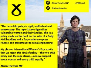 On International Women's Day, Alison Thewliss MP calls on the UK Government to scrap the two child policy and the rape clause