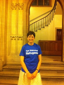 Alison Thewliss MP wearing an Aye Welcome Refugees T-shirt
